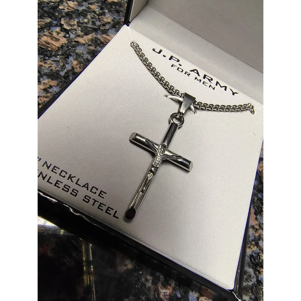 JP Army For Men Stainless Steel Crucifix Cross Pendant Necklace 24 Inch Chain